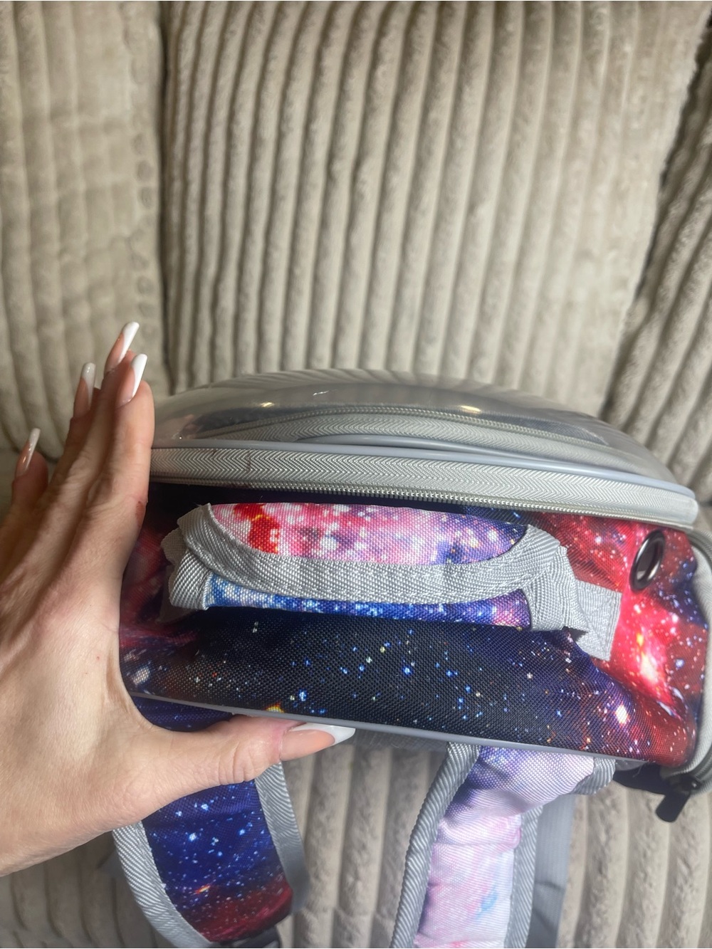 Transparent Gray Small Pet Carrier Backpack with Galaxy-Print Handle - Picture 4 of 7